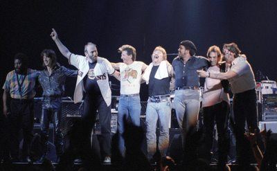 A photo of the Doobie Brothers reunited on stage.