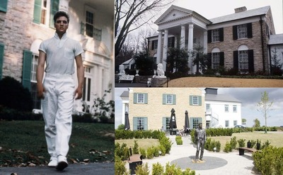 Elvis Presley walking in his front yard / A front view of Graceland / The backyard of Graceland with a statue of Elvis in it 