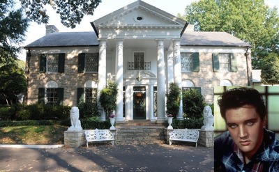 A photograph of the outside of Graceland / Elvis Presley posing in a blue button-down shirt 